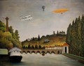 Blick auf die Brücke in Sevres und die Hügel von Clamart Saint Cloud und Bellevue mit Biplane Ballon und diriggible Henri Rousseau Post Impressionism Naive Primitivism